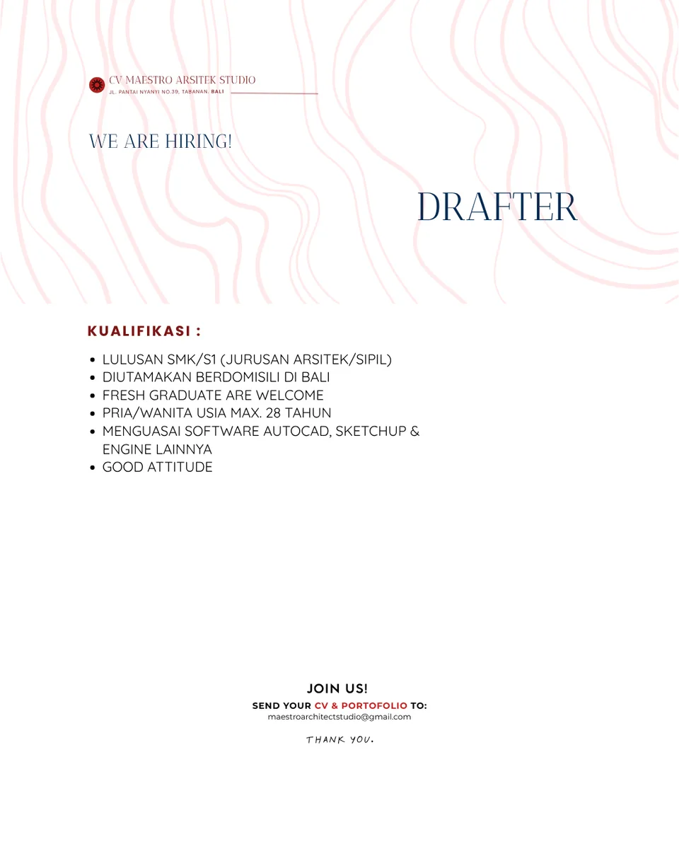 Poster Drafter, Accounting, Structural Engineer - KAB. TABANAN | CV MAESTRO ARSITEK STUDIO 2