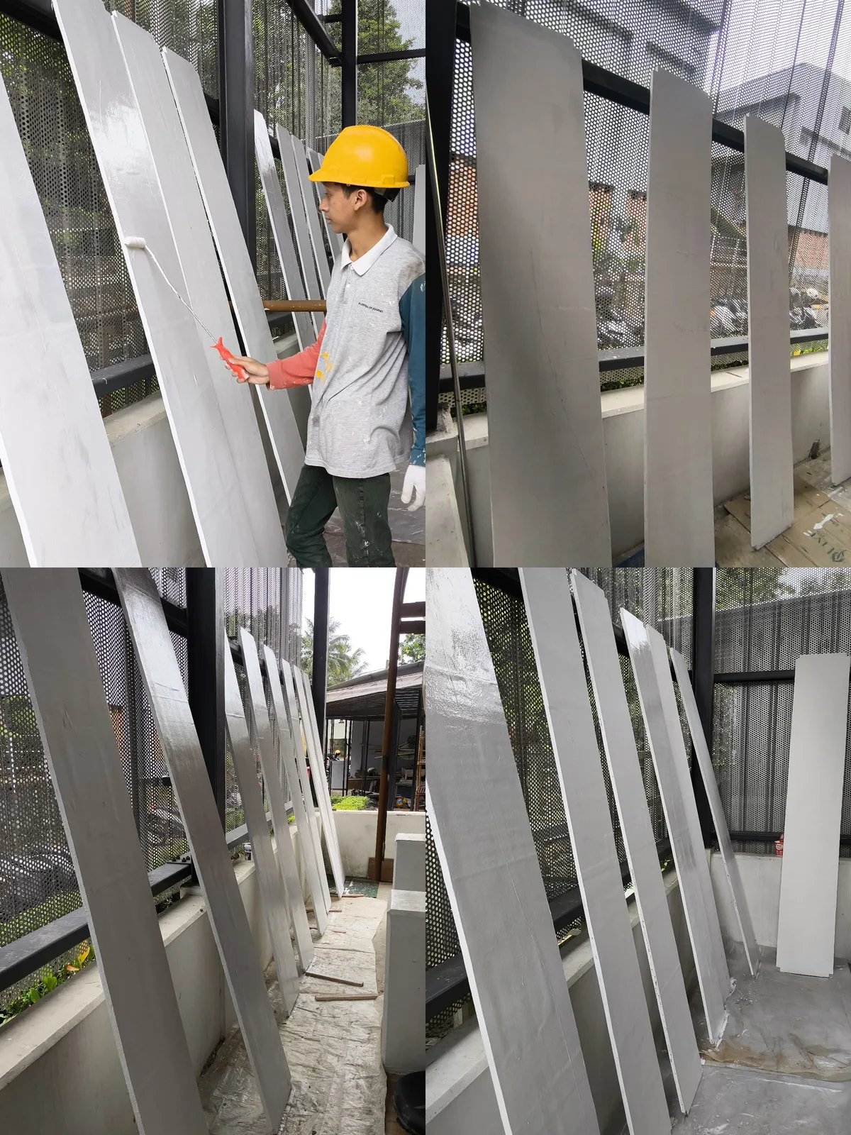 pengecatan atau pelapisan pada beberapa bilah papan/panel material secara vertikal di area luar ruangan