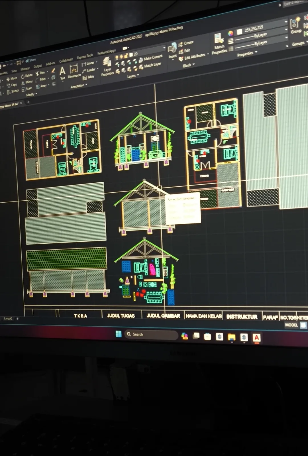 gambar kerja teknik atau denah arsitektur bangunan rumah secara lengkap menggunakan perangkat lunak AutoCAD.