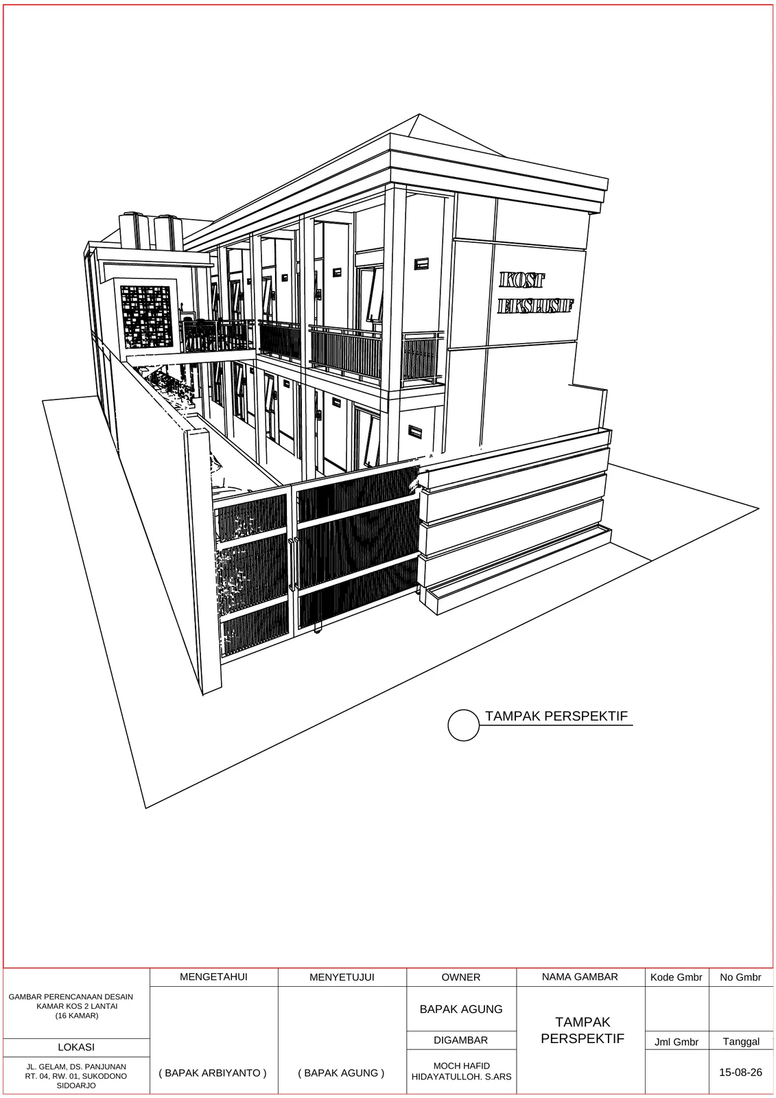 Desain Kamar Kost 16 Kamar 2 Lantai (9m x 24m)