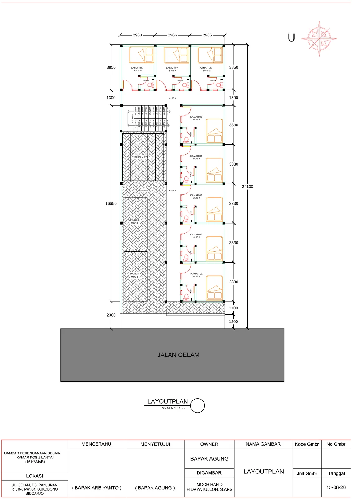 Desain Kamar Kost 16 Kamar 2 Lantai (9m x 24m)