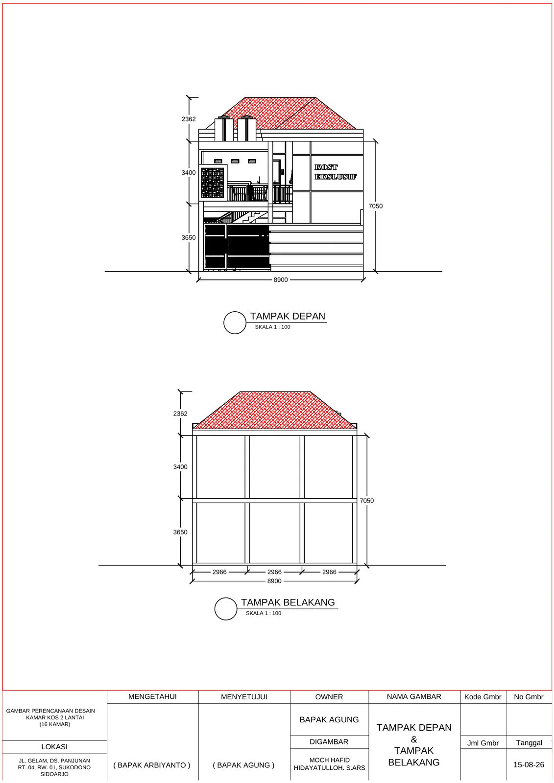 Desain Kamar Kost 16 Kamar 2 Lantai (9m x 24m)