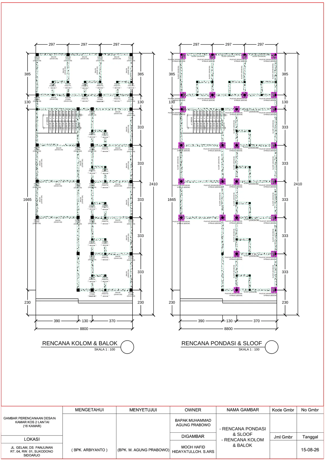 Desain Kamar Kost 16 Kamar 2 Lantai (9m x 24m)