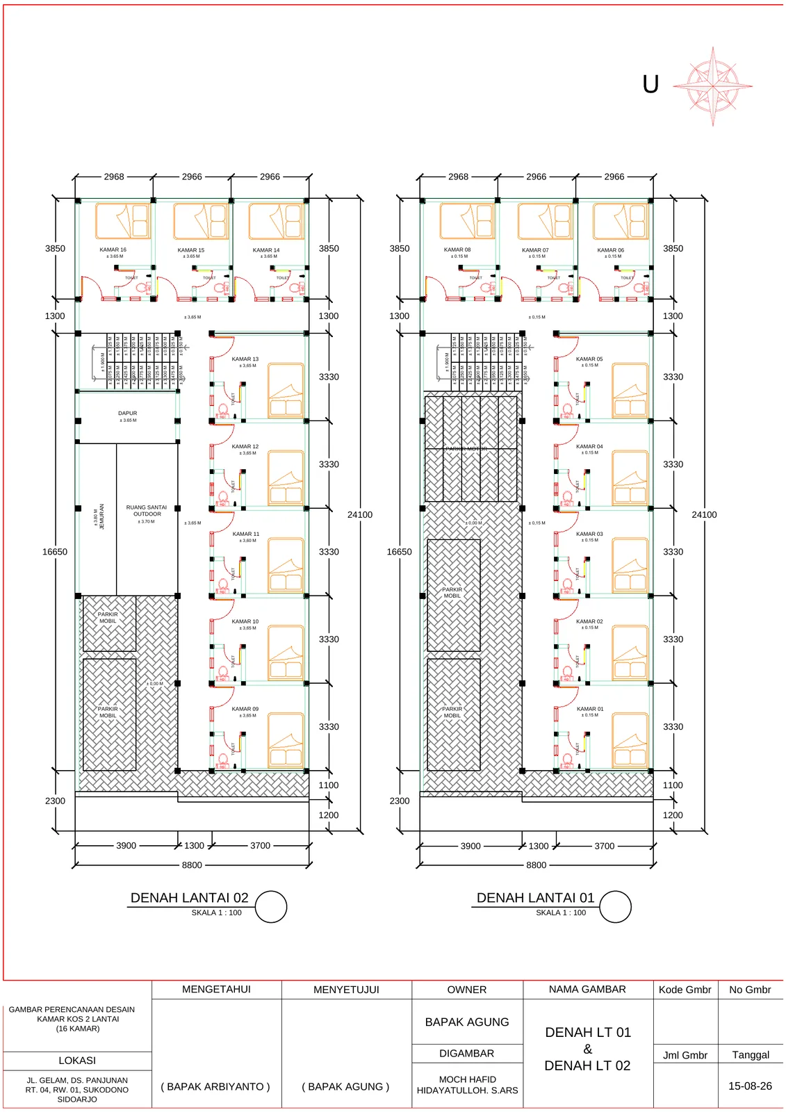 Desain Kamar Kost 16 Kamar 2 Lantai (9m x 24m)