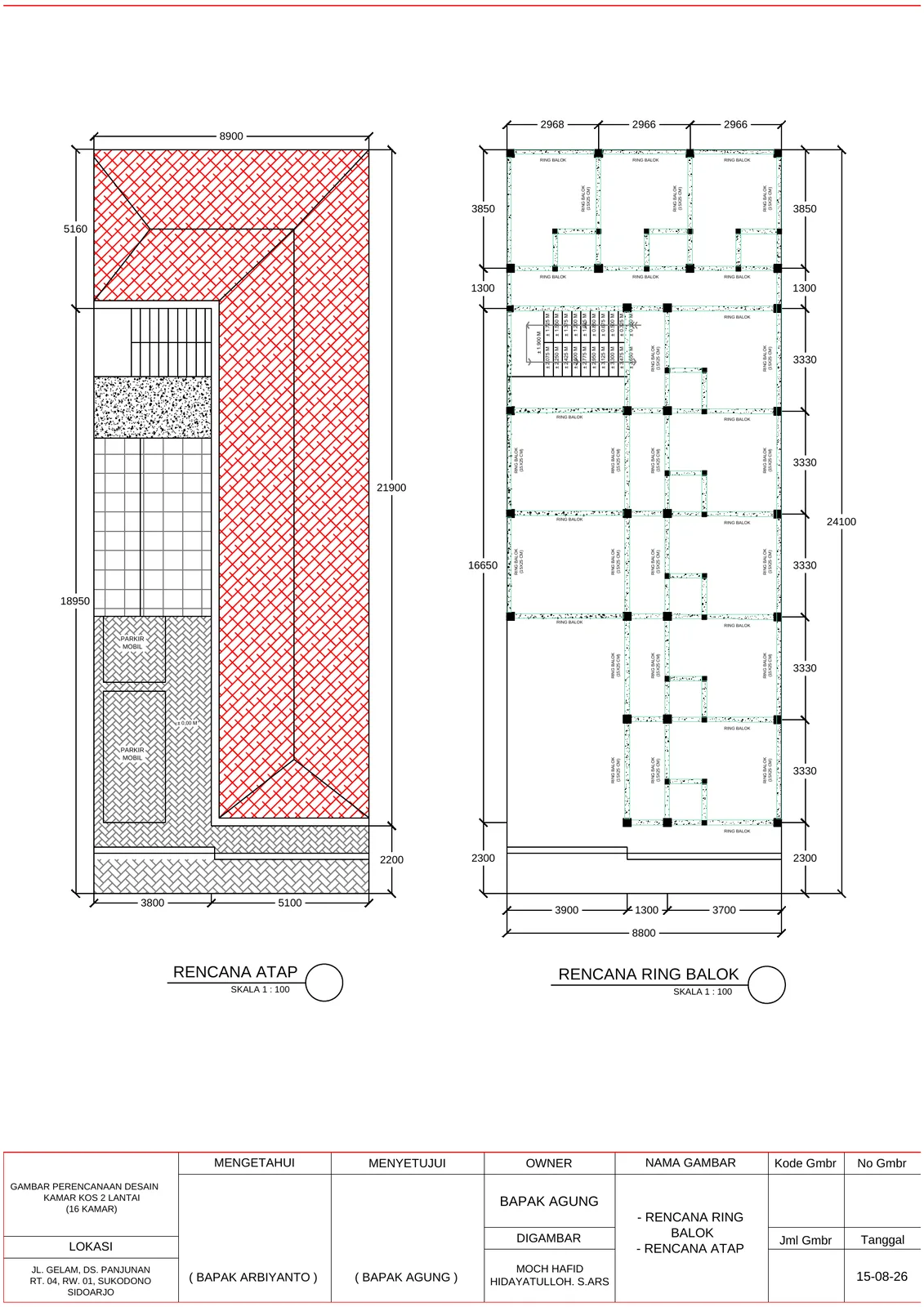 Desain Kamar Kost 16 Kamar 2 Lantai (9m x 24m)