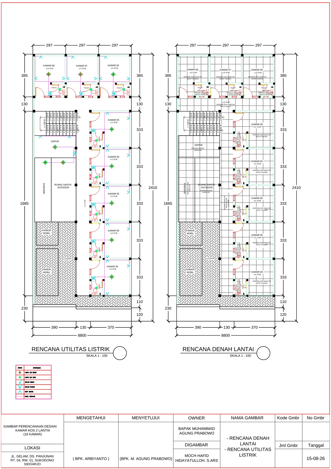 Desain Kamar Kost 16 Kamar 2 Lantai (9m x 24m)