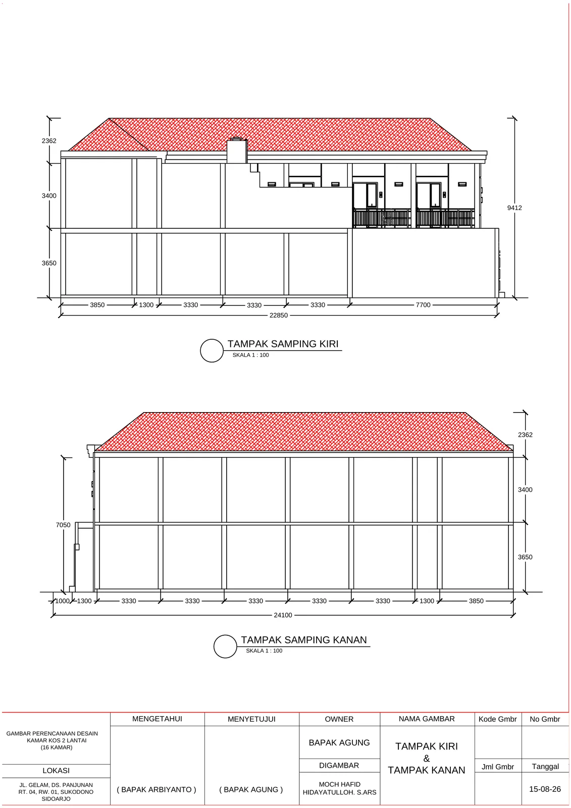 Desain Kamar Kost 16 Kamar 2 Lantai (9m x 24m)
