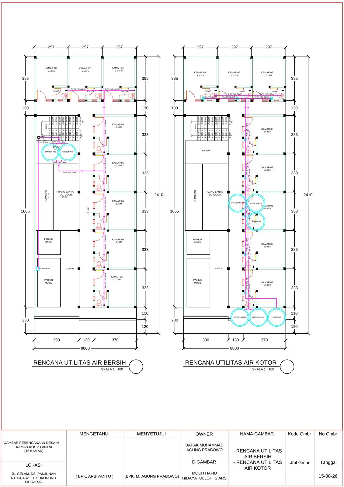 Desain Kamar Kost 16 Kamar 2 Lantai (9m x 24m)
