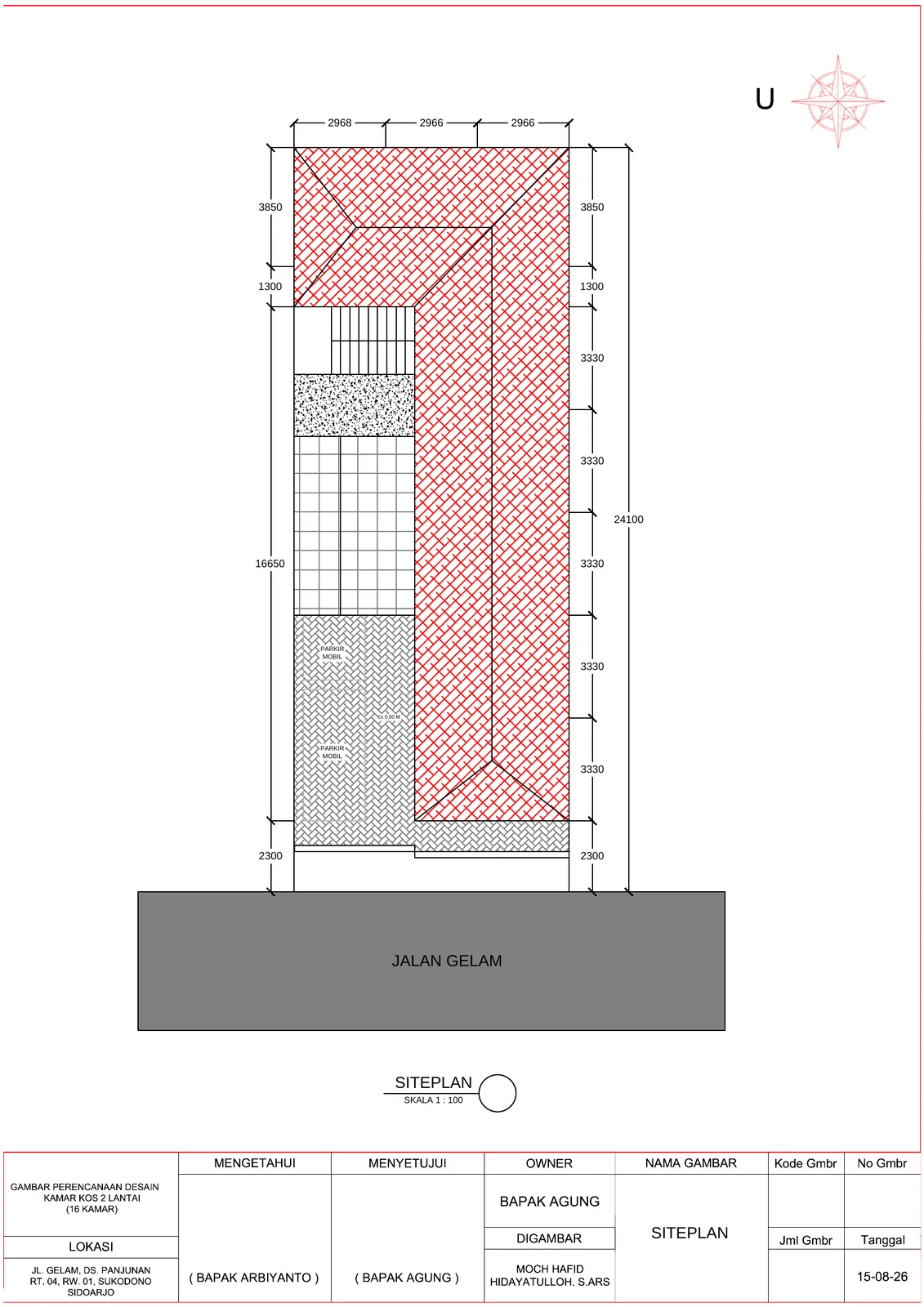 Desain Kamar Kost 16 Kamar 2 Lantai (9m x 24m)